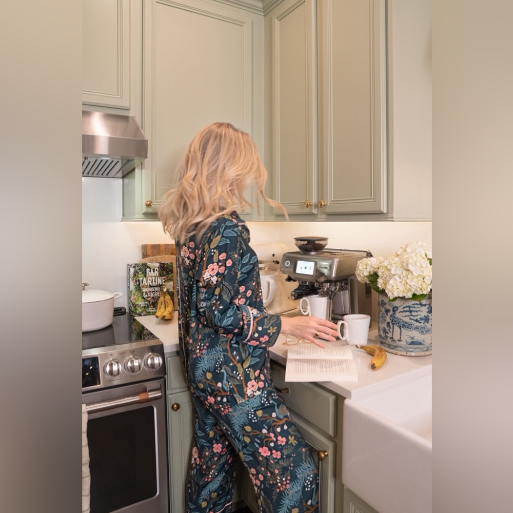 Rifle Paper Co. Forest Green Floral Satin Pajama Set with Pink Trim - Picture 11 of 12